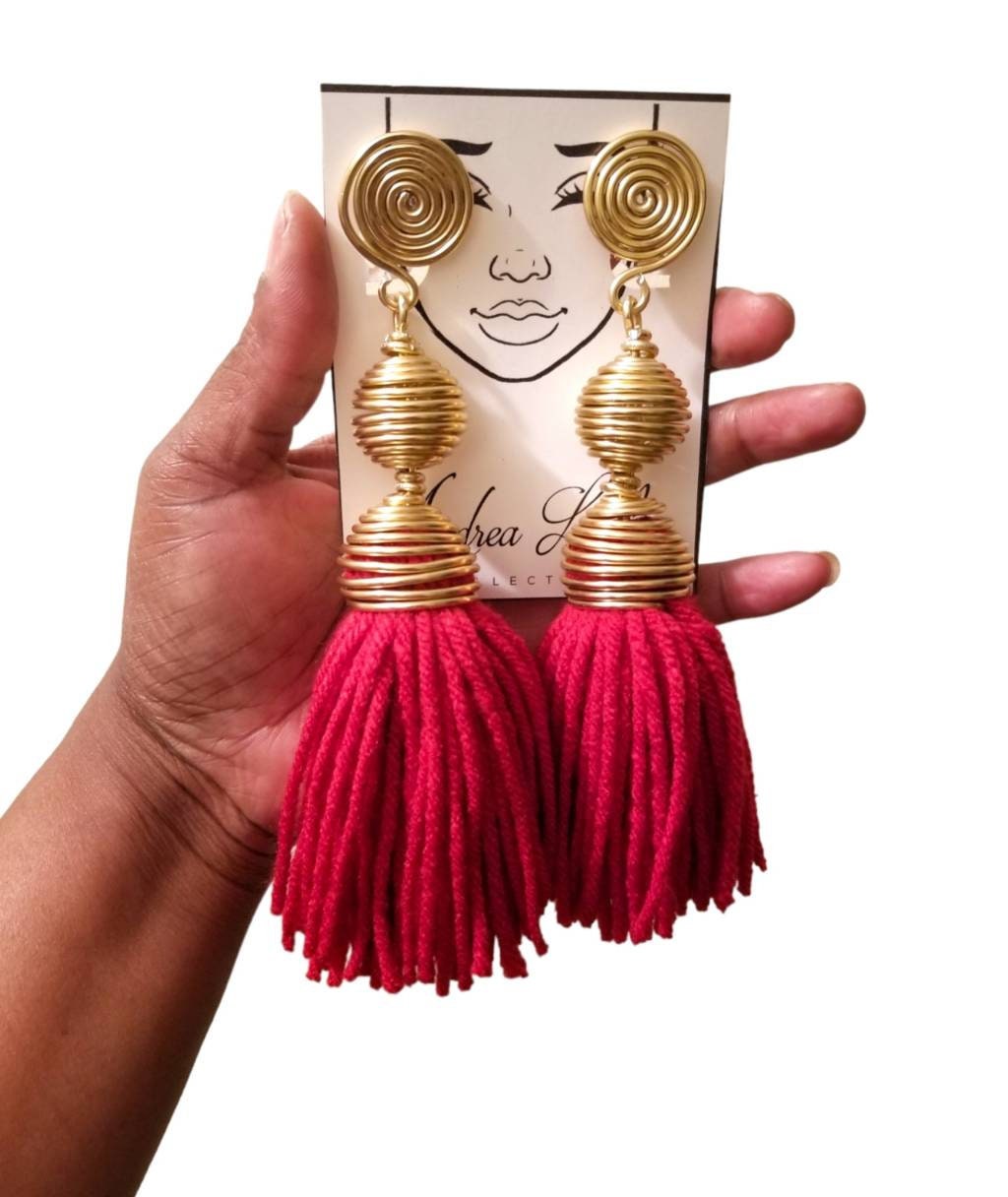 Red tassel/gold tassel earrings, Tassel earrings, boho earrings, statement earrings, braids, locs