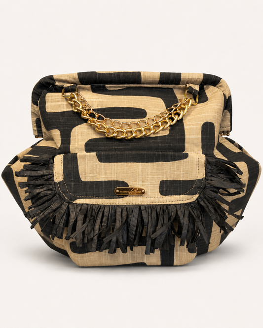 Tan and black handbag with fringe geo fringe bag