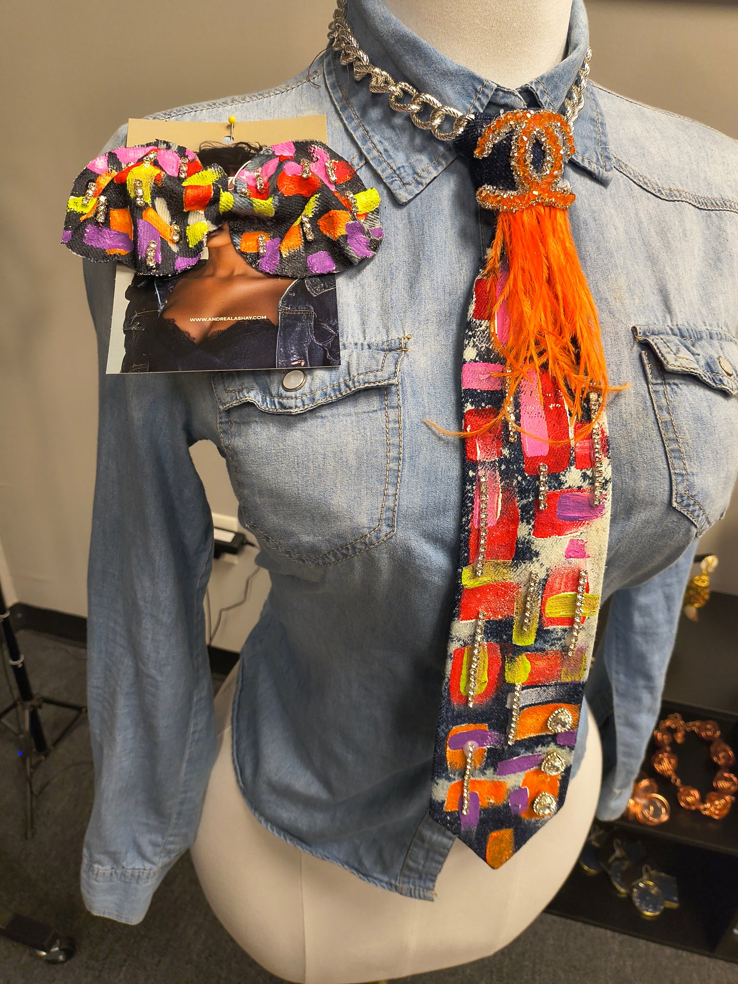 Upcycled Denim Tie with earrings