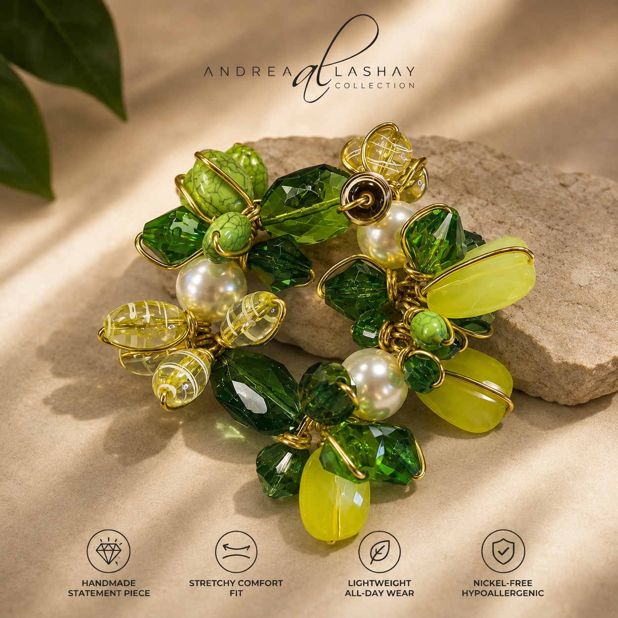 Beaded Bracelet and earring set green mix