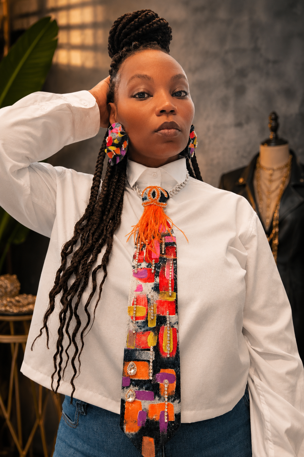 Upcycled Denim Tie with earrings