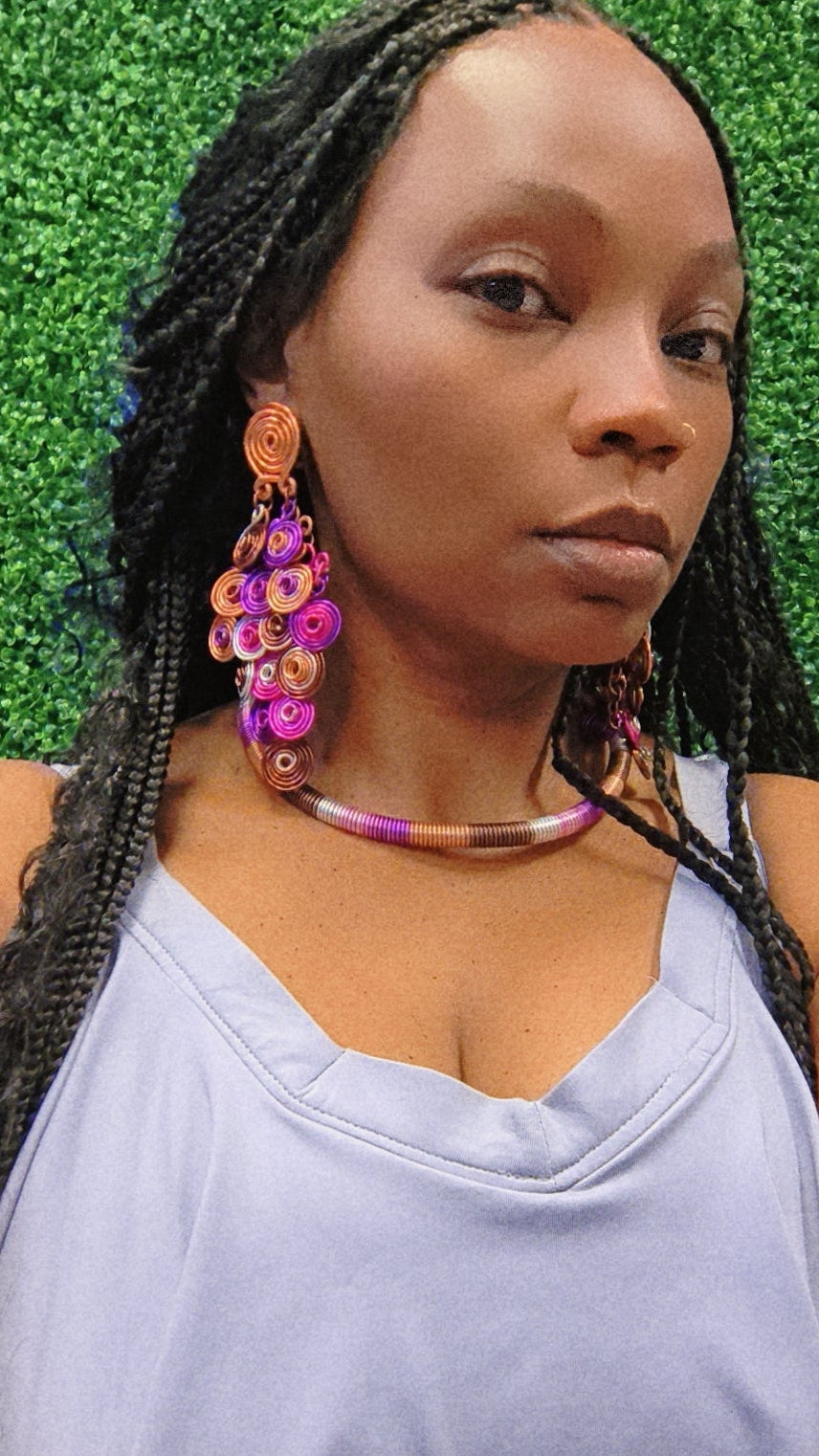 Multicolor Chandelier spiral aluminum earrings pink purple and silver mix