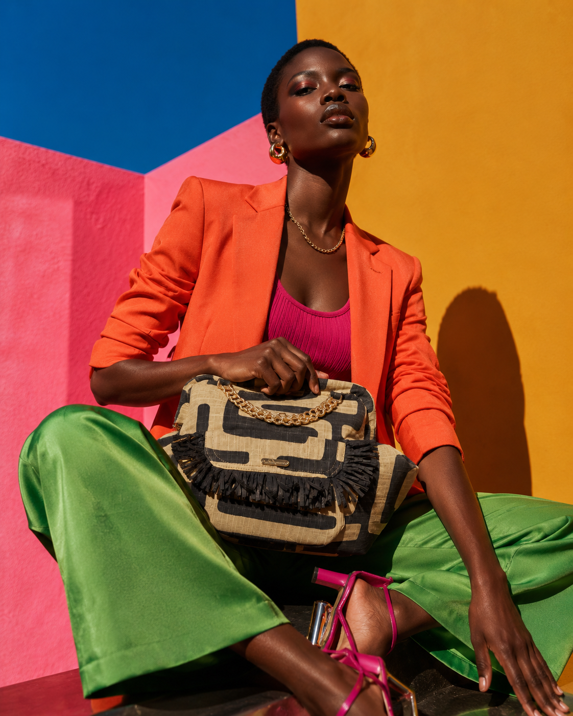 Tan and black handbag with fringe geo fringe bag